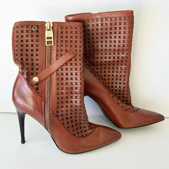 DONALD PLINER 7.5 Brown Heeled Perforated Lattice Ankle Stiletto Boots - Picture 4 of 8
